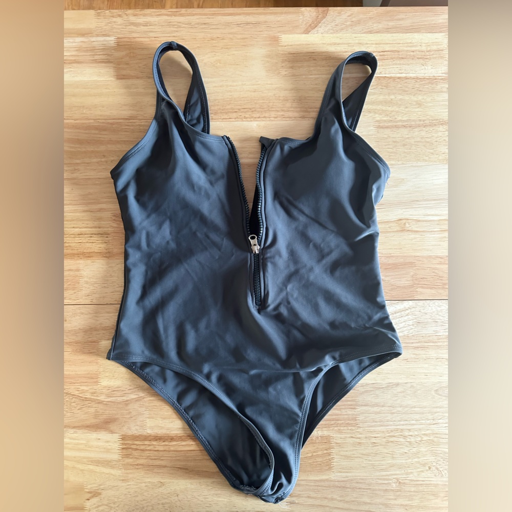 Gray Zip-Front Swimsuit